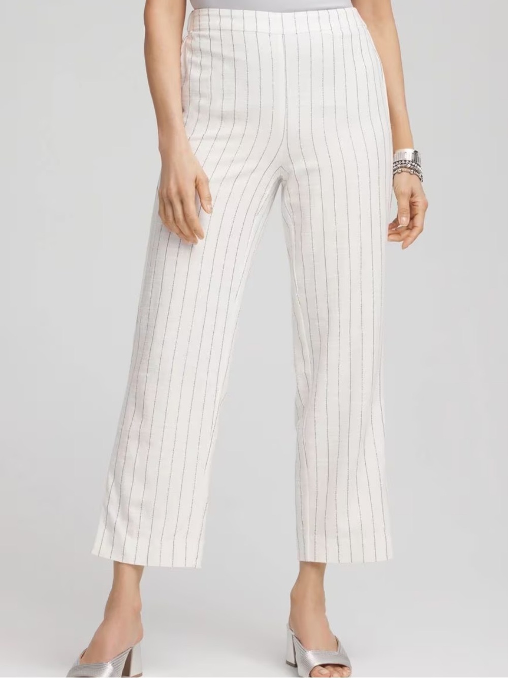 NEW Chico’s Metallic Pinstripe Striped Straight Cropped Pull On Pants